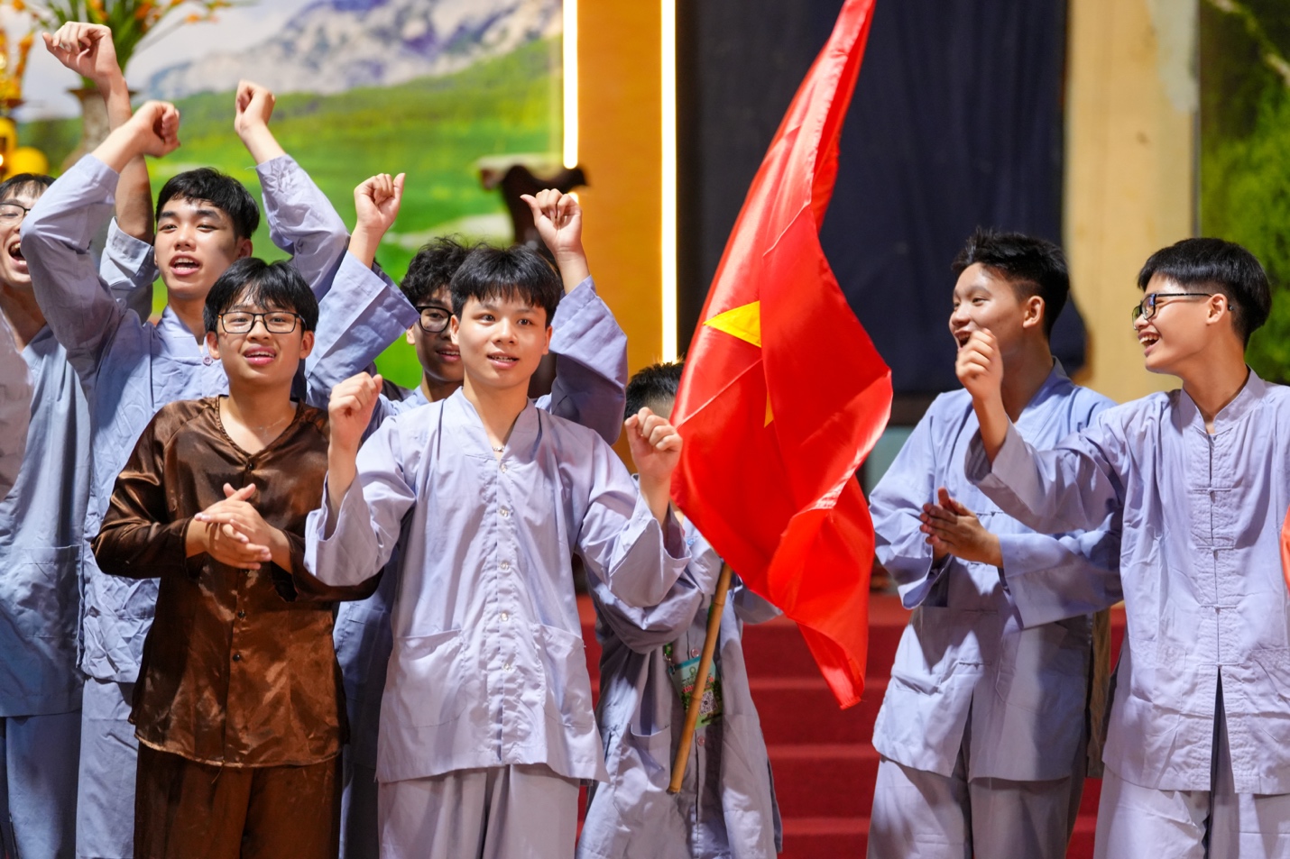 A group of people holding a flag AI-generated content may be incorrect.