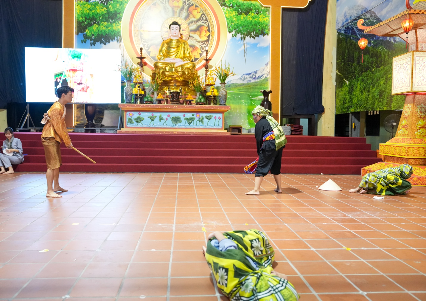 A group of people in a temple AI-generated content may be incorrect.