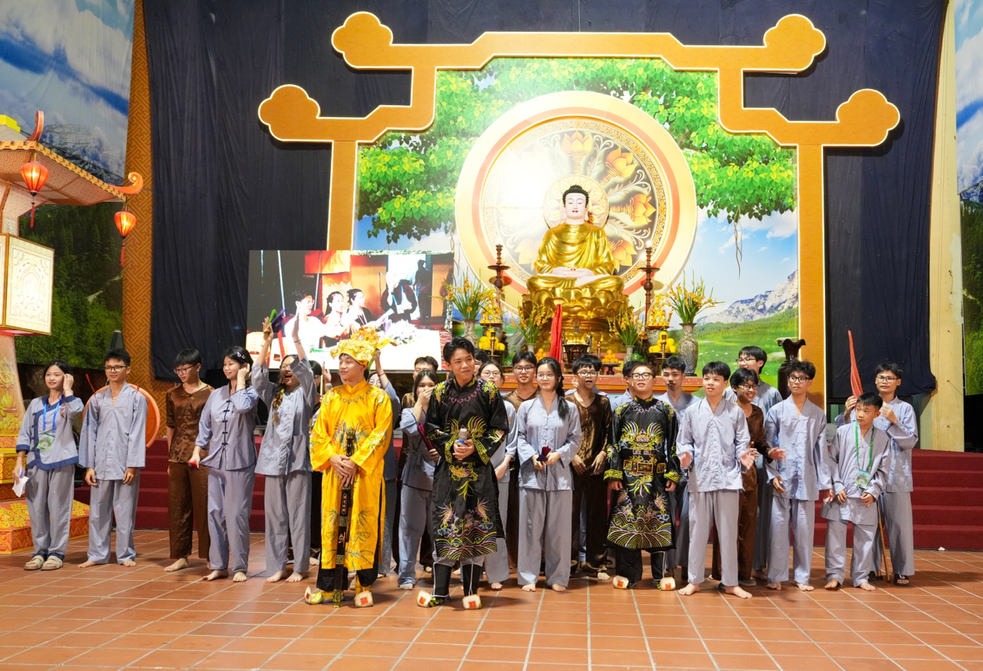 A group of people standing in front of a gold buddha AI-generated content may be incorrect.