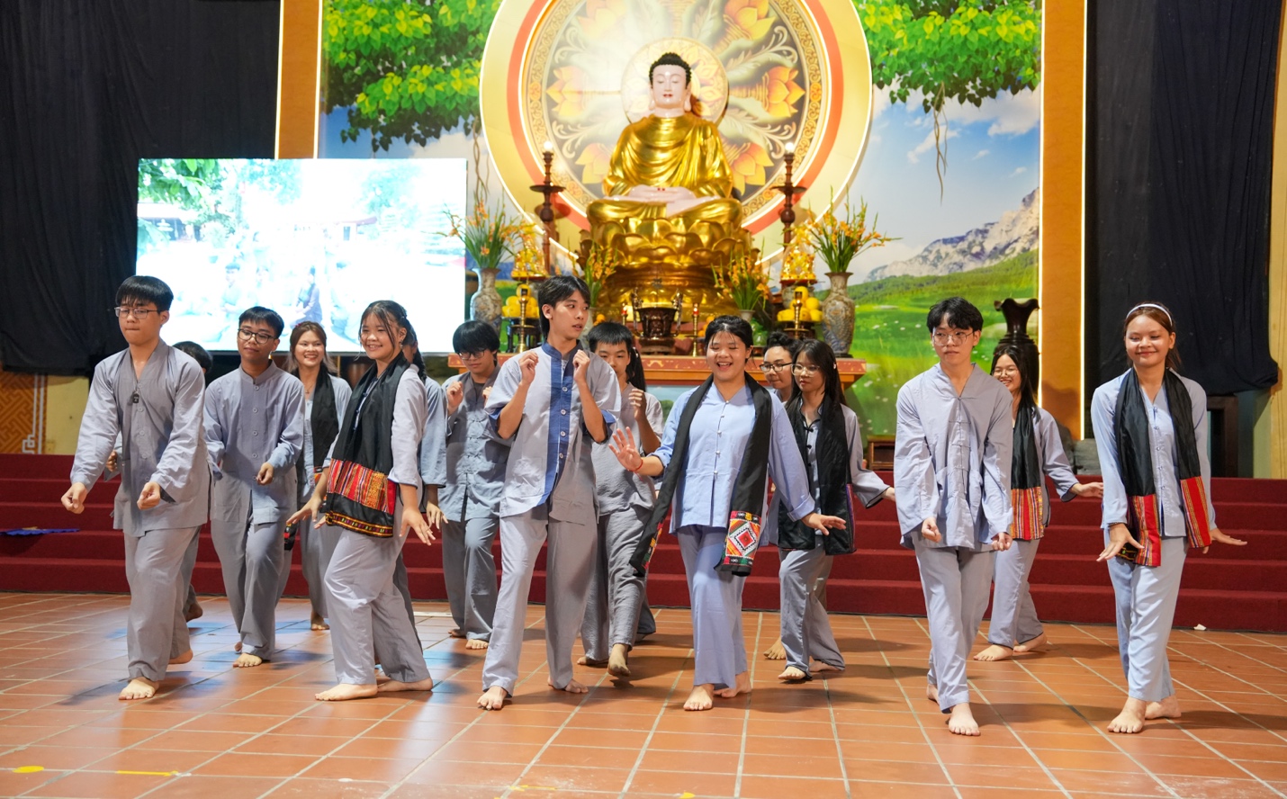 A group of people walking in a temple AI-generated content may be incorrect.